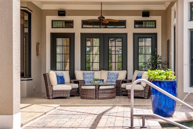 6926 Lacantera Cir, Lakewood Ranch, FL 34202 - view of patio / terrace featuring french doors, ceiling fan, and an outdoor living space