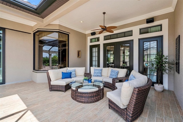 6926 Lacantera Cir, Lakewood Ranch, FL 34202 - view of patio / terrace featuring an outdoor hangout area, a ceiling fan, and french doors