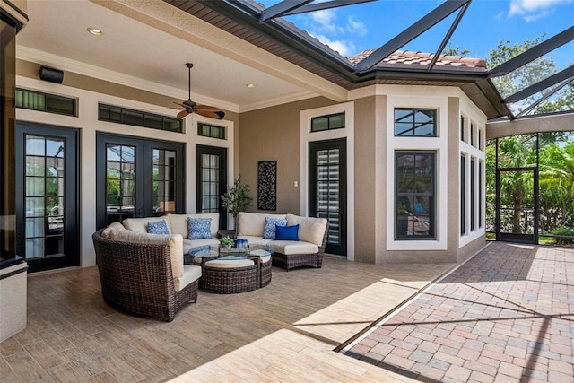 6926 Lacantera Cir, Lakewood Ranch, FL 34202 - view of patio with a lanai, ceiling fan, an outdoor living space, and french doors