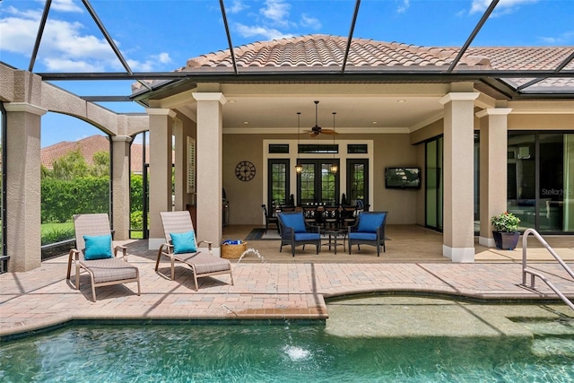 6926 Lacantera Cir, Lakewood Ranch, FL 34202 - outdoor pool with french doors, a patio, and a lanai