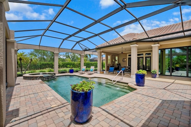 6926 Lacantera Cir, Lakewood Ranch, FL 34202 - view of pool featuring a pool with connected hot tub, a patio area, a ceiling fan, a lanai, and french doors