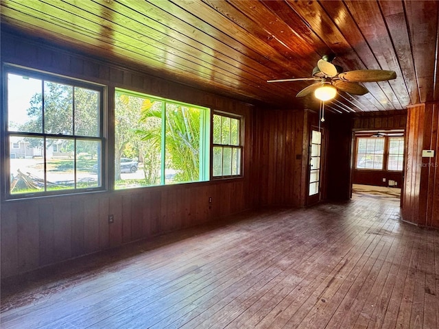 1109 Patterson Dr, Sarasota, FL 34234 - spare room featuring wood ceiling, wood-type flooring, wooden walls, and a ceiling fan