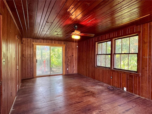 1109 Patterson Dr, Sarasota, FL 34234 - empty room with wood-type flooring, a ceiling fan, wooden walls, and wooden ceiling