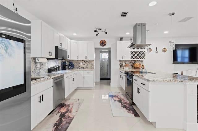 6917 22nd St W, Bradenton, FL 34207 - kitchen featuring black electric range, island range hood, stainless steel dishwasher, decorative backsplash, and white cabinetry