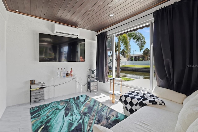 6917 22nd St W, Bradenton, FL 34207 - living room featuring a wall unit AC, wooden ceiling, and recessed lighting