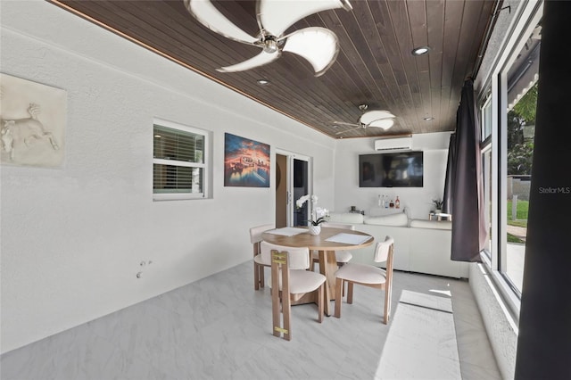 6917 22nd St W, Bradenton, FL 34207 - dining room featuring wood ceiling, a wall mounted air conditioner, light marble finish floors, and recessed lighting
