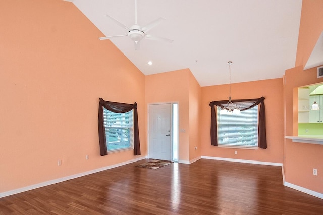 7605 Sweetbay Cir Unit 5-102, Bradenton, FL 34203 - foyer entrance with high vaulted ceiling, dark wood-style flooring, a chandelier, and ceiling fan