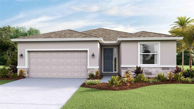 12039 Kingsley Trl, Parrish, FL 34219 - ranch-style house with stone siding, concrete driveway, a front lawn, an attached garage, and stucco siding