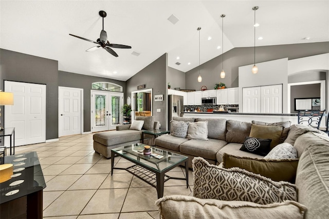 4668 73rd St E, Bradenton, FL 34203 - living area with a ceiling fan, high vaulted ceiling, light tile patterned floors, recessed lighting, and french doors