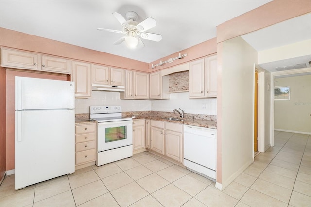 510 Granada Ave Unit 108, Venice, FL 34285 - kitchen featuring white appliances, under cabinet range hood, light tile patterned flooring, and ceiling fan