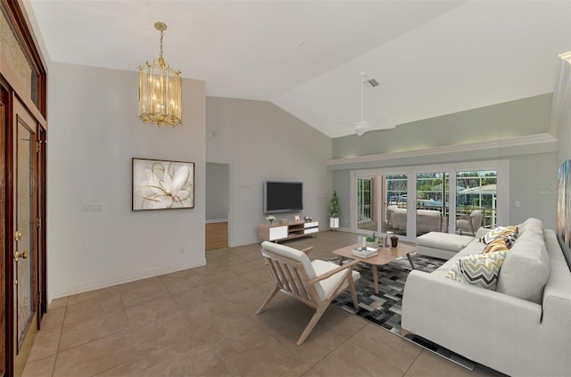 1236 Port Ln, Sarasota, FL 34242 - living area with a chandelier, high vaulted ceiling, and ceiling fan