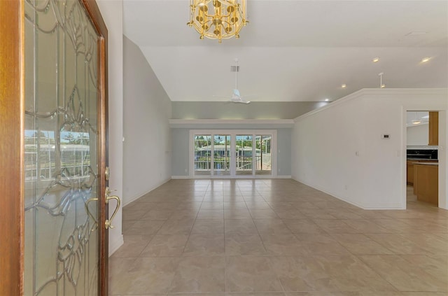 1236 Port Ln, Sarasota, FL 34242 - unfurnished living room featuring a chandelier, light tile patterned flooring, ceiling fan, vaulted ceiling, and recessed lighting