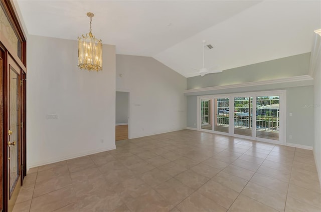 1236 Port Ln, Sarasota, FL 34242 - empty room featuring a chandelier, high vaulted ceiling, light tile patterned floors, and ceiling fan