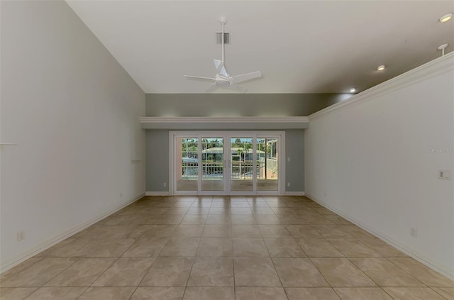 1236 Port Ln, Sarasota, FL 34242 - empty room featuring ceiling fan, light tile patterned floors, crown molding, and recessed lighting