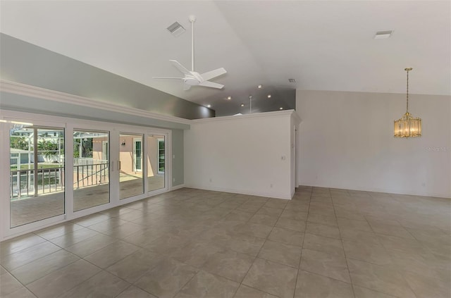 1236 Port Ln, Sarasota, FL 34242 - tiled empty room with lofted ceiling, ceiling fan, and a chandelier