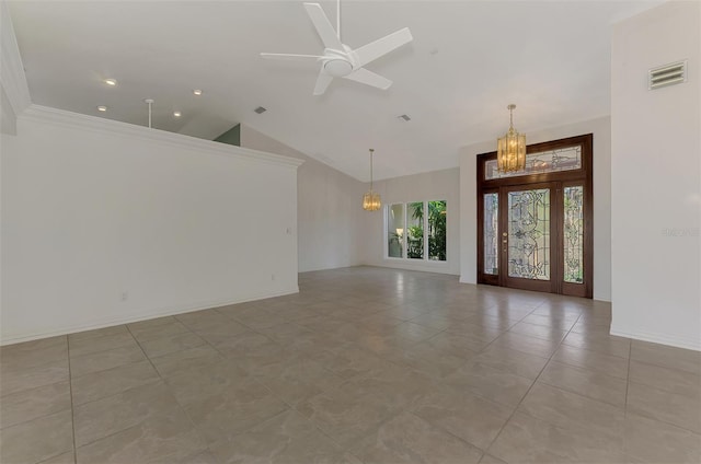 1236 Port Ln, Sarasota, FL 34242 - empty room with a chandelier, a ceiling fan, high vaulted ceiling, recessed lighting, and light tile patterned floors