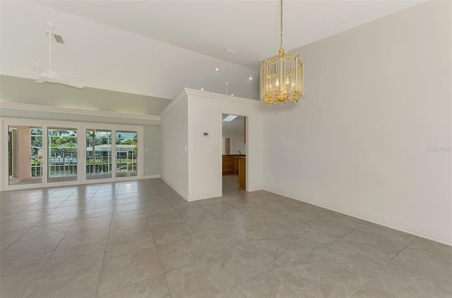 1236 Port Ln, Sarasota, FL 34242 - spare room featuring a chandelier, high vaulted ceiling, ornamental molding, a ceiling fan, and light tile patterned floors
