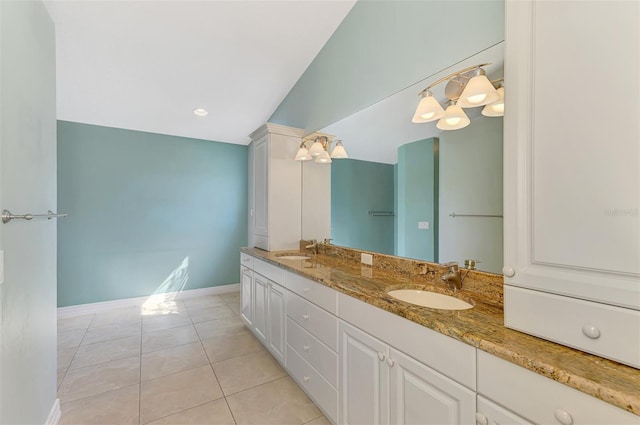1236 Port Ln, Sarasota, FL 34242 - bathroom featuring double vanity, tile patterned flooring, and a chandelier