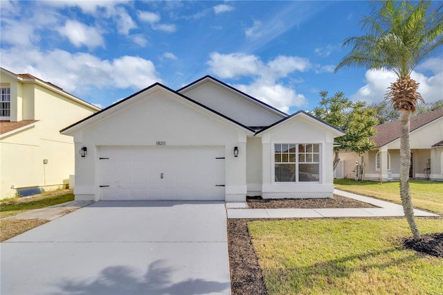 1820 Putney Cir, Orlando, FL 32837 - ranch-style home with stucco siding, driveway, a garage, and a front lawn