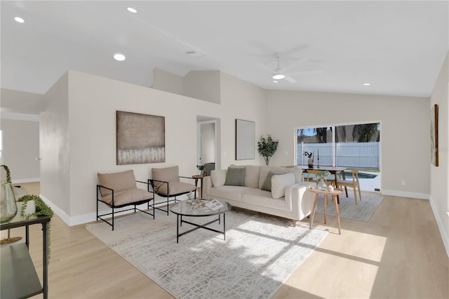 1820 Putney Cir, Orlando, FL 32837 - living room with lofted ceiling, wood finished floors, ceiling fan, and recessed lighting
