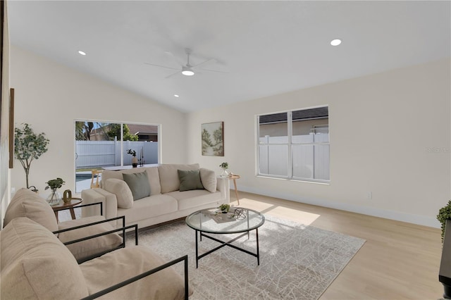 1820 Putney Cir, Orlando, FL 32837 - living room with a ceiling fan, lofted ceiling, wood finished floors, and recessed lighting