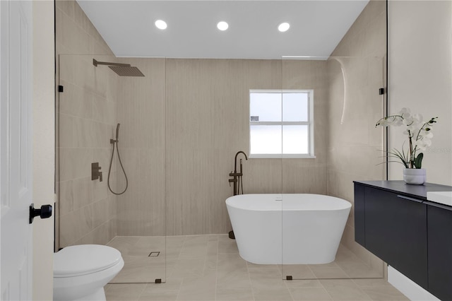 1820 Putney Cir, Orlando, FL 32837 - bathroom with a tile shower, vanity, a freestanding bath, tile patterned flooring, and recessed lighting