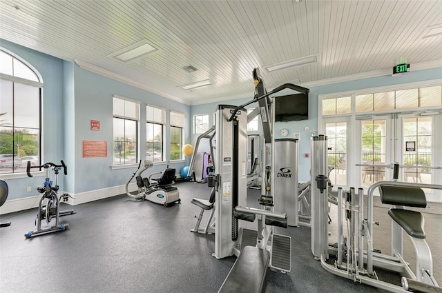 11680 Tapestry Ln, Venice, FL 34292 - workout area featuring ornamental molding, healthy amount of natural light, and wood ceiling