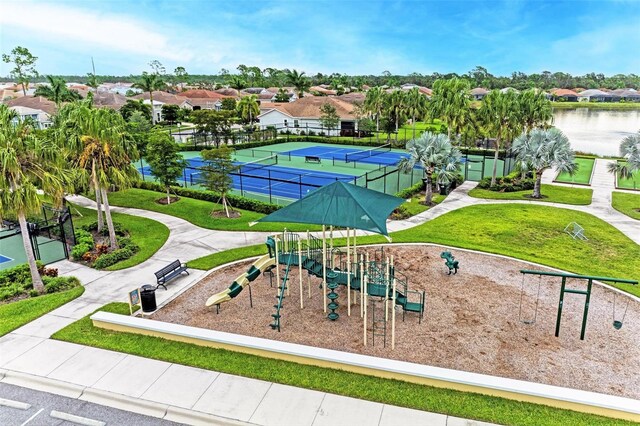 11680 Tapestry Ln, Venice, FL 34292 - community playground with a tennis court, a residential view, and a water view