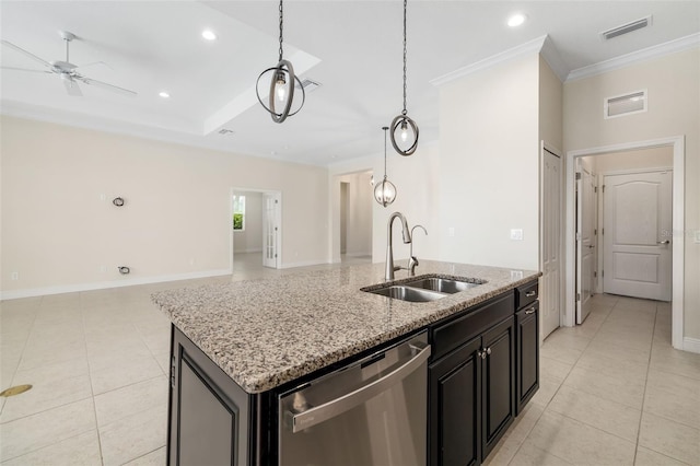 13789 Old Creek Ct, Parrish, FL 34219 - kitchen featuring stainless steel dishwasher, light tile patterned flooring, crown molding, a kitchen island with sink, and a ceiling fan