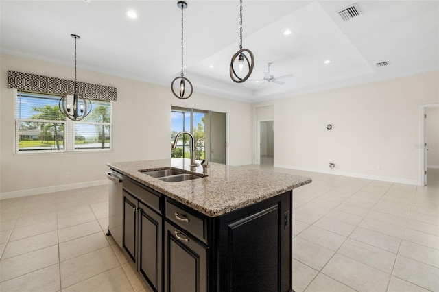 13789 Old Creek Ct, Parrish, FL 34219 - kitchen featuring plenty of natural light, light tile patterned flooring, dark cabinetry, ceiling fan, and recessed lighting