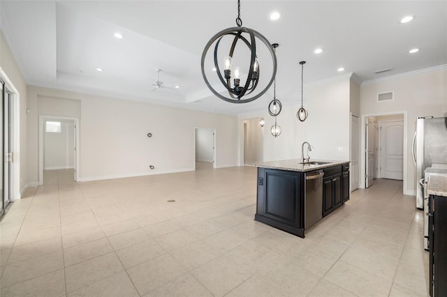 13789 Old Creek Ct, Parrish, FL 34219 - kitchen with stainless steel dishwasher, a chandelier, ornamental molding, dark cabinetry, and a ceiling fan