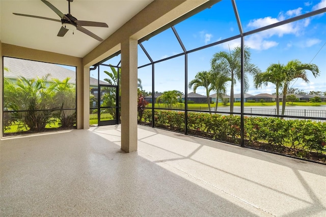 13789 Old Creek Ct, Parrish, FL 34219 - unfurnished sunroom featuring ceiling fan, a residential view, and a water view