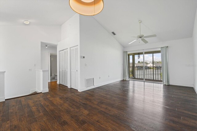 970 Sandpiper Cir Unit 970, Bradenton, FL 34209 - unfurnished living room featuring high vaulted ceiling, a ceiling fan, and wood finished floors