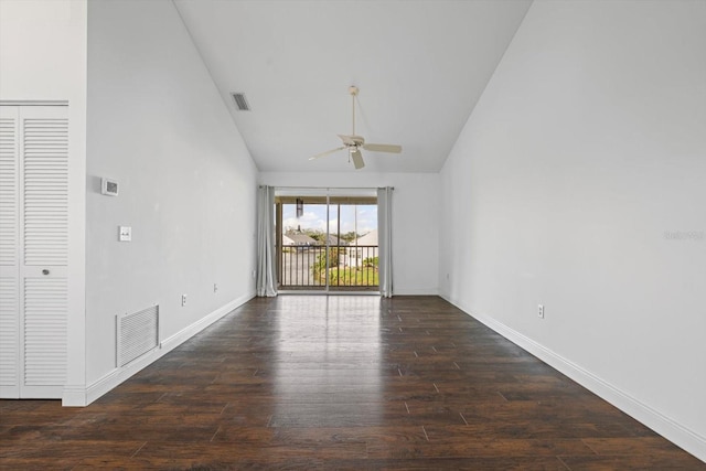 970 Sandpiper Cir Unit 970, Bradenton, FL 34209 - unfurnished room with ceiling fan, high vaulted ceiling, and wood finished floors