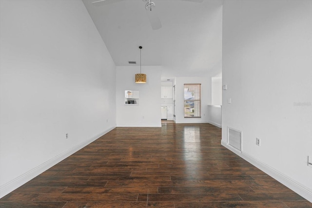 970 Sandpiper Cir Unit 970, Bradenton, FL 34209 - unfurnished living room featuring wood finished floors, a ceiling fan, and high vaulted ceiling