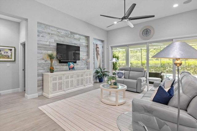 3605 Wild Blossom Pl, Parrish, FL 34219 - living area with a ceiling fan, wood finished floors, and recessed lighting