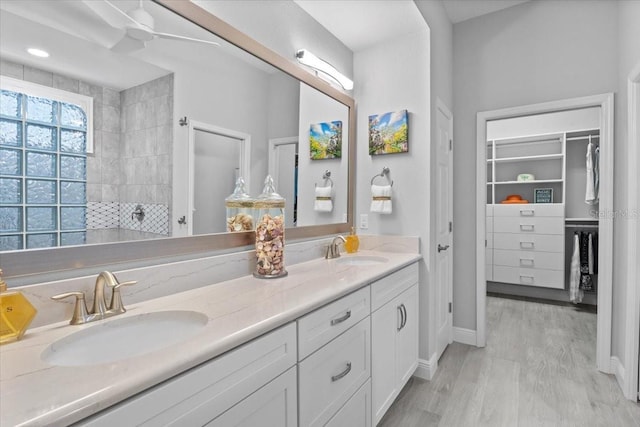 3605 Wild Blossom Pl, Parrish, FL 34219 - bathroom with double vanity, a spacious closet, wood finished floors, and walk in shower