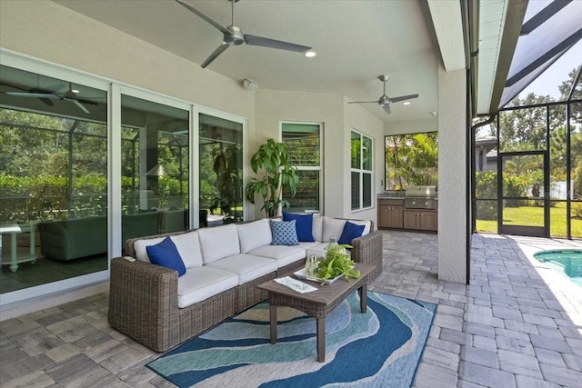 3605 Wild Blossom Pl, Parrish, FL 34219 - view of patio featuring a ceiling fan, outdoor lounge area, area for grilling, a lanai, and an outdoor pool