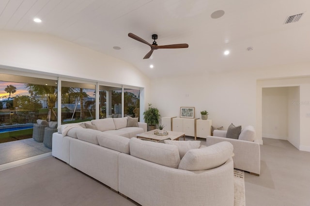615 Concord Ln, Holmes Beach, FL 34217 - living area featuring vaulted ceiling, recessed lighting, ceiling fan, and healthy amount of natural light