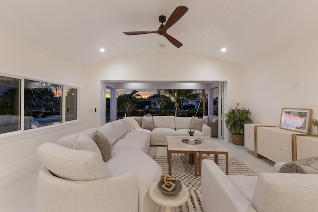 615 Concord Ln, Holmes Beach, FL 34217 - living room featuring ceiling fan, recessed lighting, and lofted ceiling