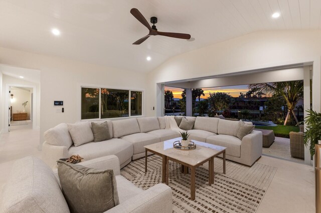 615 Concord Ln, Holmes Beach, FL 34217 - living area featuring lofted ceiling, recessed lighting, and a ceiling fan