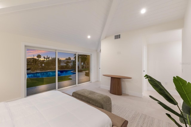 615 Concord Ln, Holmes Beach, FL 34217 - bedroom featuring access to exterior, lofted ceiling, and recessed lighting