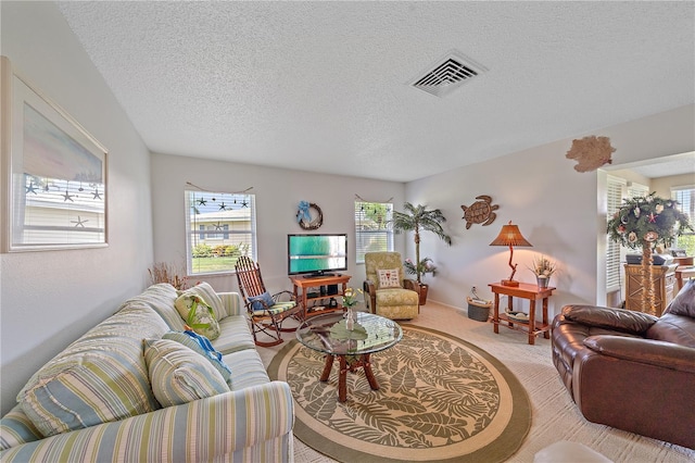 7216 11th Ave W Unit 203, Bradenton, FL 34209 - carpeted living room featuring a textured ceiling