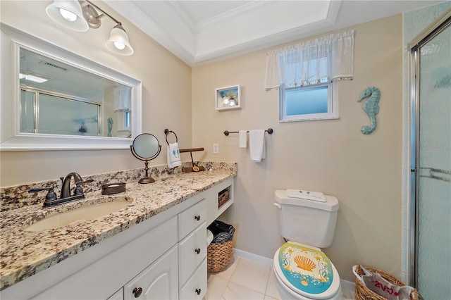 7216 11th Ave W Unit 203, Bradenton, FL 34209 - bathroom with crown molding, vanity, a shower with shower door, and tile patterned flooring