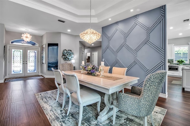 462 E Macewen Dr, Osprey, FL 34229 - dining space featuring a chandelier, french doors, recessed lighting, dark wood-style floors, and a raised ceiling