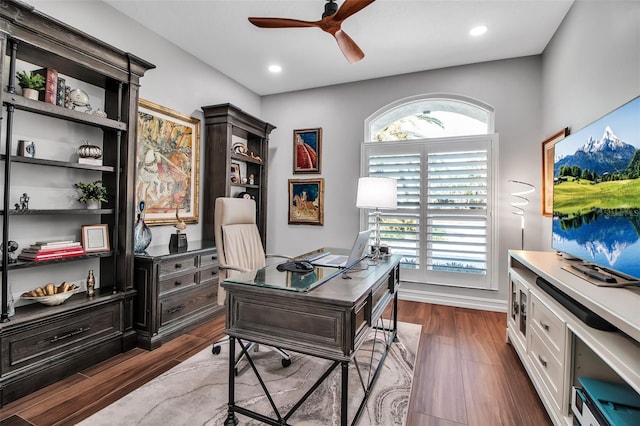 462 E Macewen Dr, Osprey, FL 34229 - office featuring a ceiling fan, dark wood finished floors, and recessed lighting