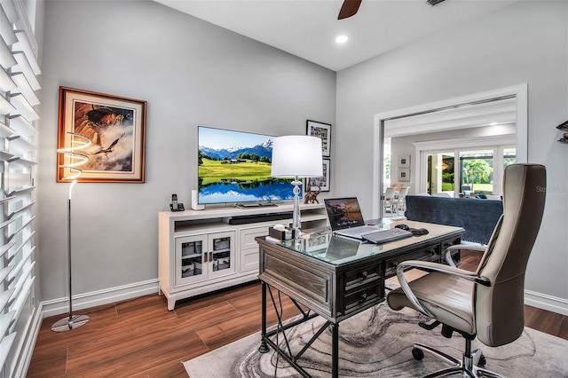 462 E Macewen Dr, Osprey, FL 34229 - office featuring dark wood finished floors, a ceiling fan, and recessed lighting