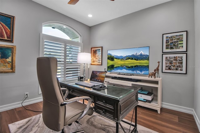 462 E Macewen Dr, Osprey, FL 34229 - home office with dark wood-type flooring, a ceiling fan, and recessed lighting
