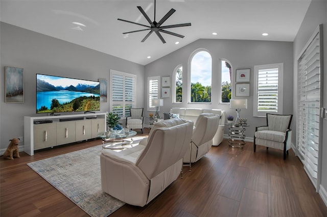 462 E Macewen Dr, Osprey, FL 34229 - living area featuring a ceiling fan, vaulted ceiling, wood finished floors, and recessed lighting
