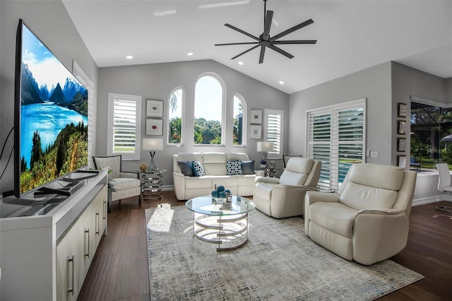 462 E Macewen Dr, Osprey, FL 34229 - living room with a ceiling fan, vaulted ceiling, dark wood-style flooring, plenty of natural light, and recessed lighting